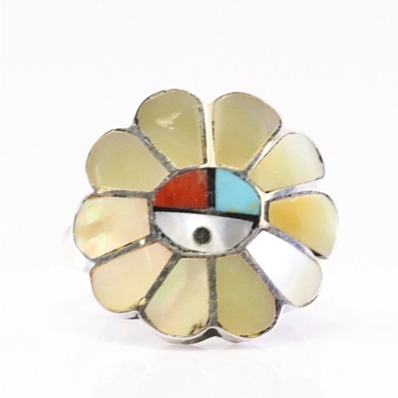 Vintage Zuni Multi-Gem Inlay Ring by Burdiah Soseeah, size 6.5 - Picture 3 of 5